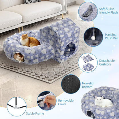 Pawaboo Cat Tunnel Bed, Cat Donut Tube with Square Kitten House, Soft Plush Cats Cave Tunnels with Washable Cushions, Foldable Kitten Bed Hideout with Fluffy Balls for Indoor Cats Rabbit Ferret, Blue