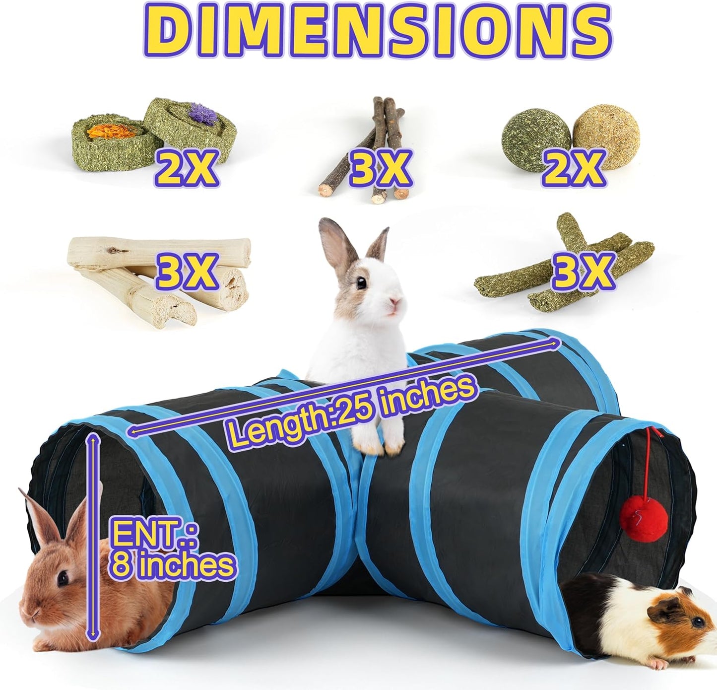 Bunny Tunnels & Tubes Collapsible 3 Way Rabbit Hideout with 13pcs Toys for Bunny Guinea Pig Hamster Chinchilla Hedgehog Rat Ferret Kitten (BK&BU)