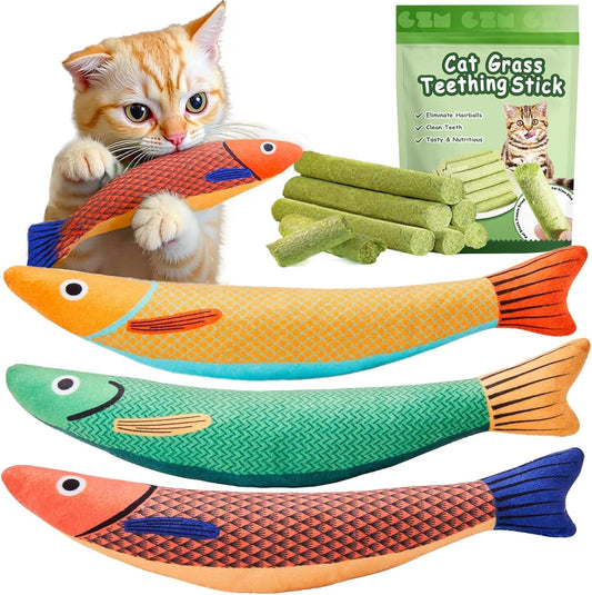 Cat Toys for Indoor Cats 9pcs Saury Fish Toy Catnip Toys Cats Interactive Toys Kitten Dental Gifts Cat Kicker Grass Stick Kitty Chew Plush with Bells
