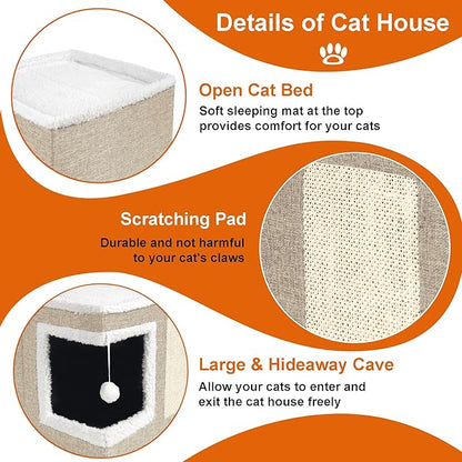 Cat Houses for Indoor Cats - Large Cat Bed Cave with Scratch Pad and Fluffy Ball, Foldable Cat Condo Hideaway with Reversible Cushion for Multi Small Pet, Khaki