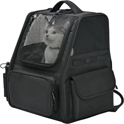 Amazon Basics Pet Backpack for Cats & Small Dogs, Collapsible Travel Carrier with Ventilated Mesh, Removable Pad, and Safety Leash, Black