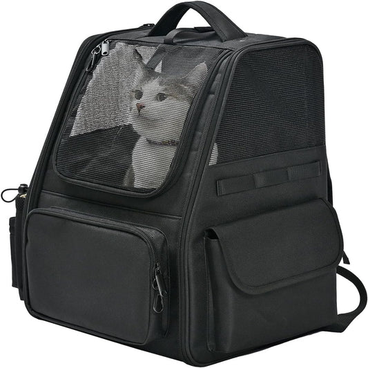 Amazon Basics Pet Backpack for Cats & Small Dogs, Collapsible Travel Carrier with Ventilated Mesh, Removable Pad, and Safety Leash, Black