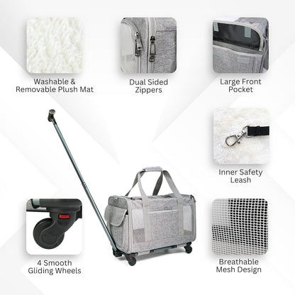 Pet Carrier With Wheels for Dogs Up To 15lbs – Airline Approved Dog Carrier - Rolling Pet Carrier w/ Removable Wheels & Washable Plush Mat – Cat Travel Carrier w/ Telescopic Handle & Shoulder Strap