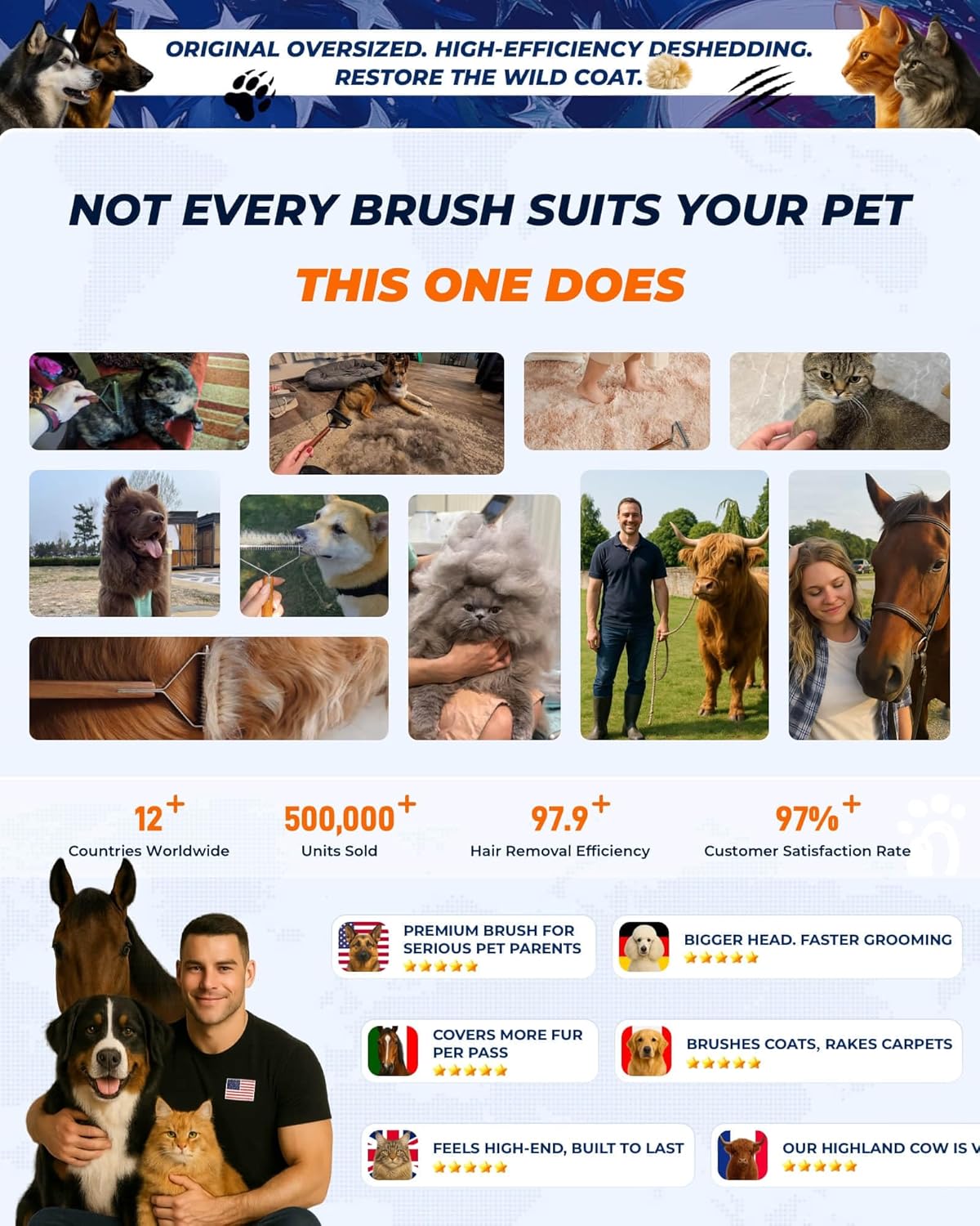 Dog brush for shedding Oversized 2-Sided Dog Brush African Padauk Handle