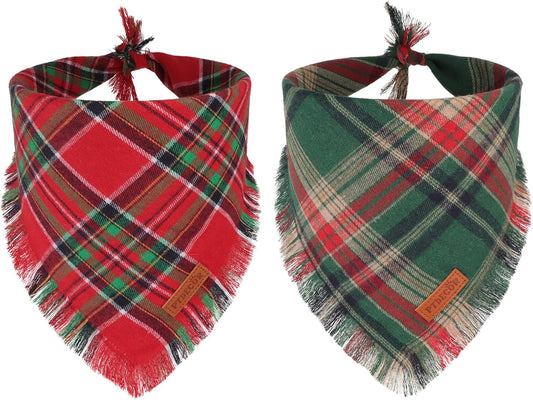 PTDECOR Christmas Dog Bandanas with Tassels Edges, 2 Pack Red Green Plaid Scarf Bib, Reversible Triangle Xmas Bandanas for Small Dogs Puppies Cats(Small)