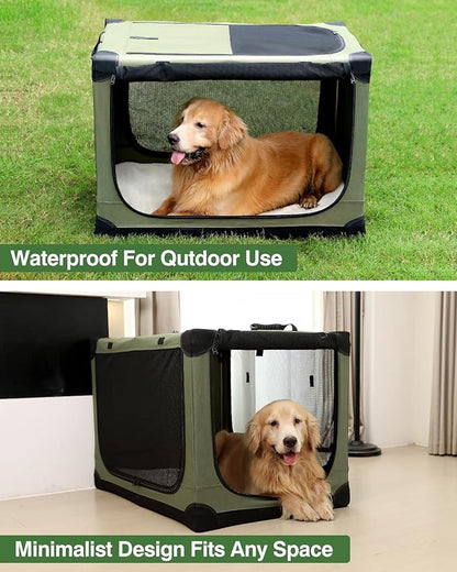 24 Inch Collapsible Travel Dog Crate for Medium Large Dogs, Portable Dog Crate 4-Door Foldable Soft Kennel with Durable Mesh Windows for Indoor & Outdoor Travel, with Storage Bag,Green
