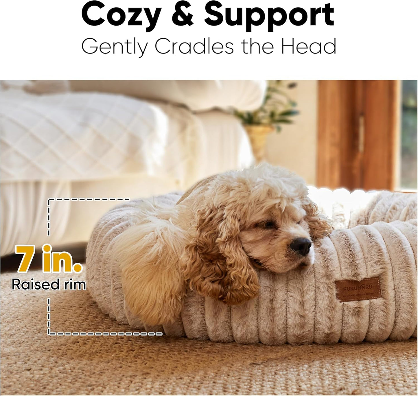 FUKUMARU Dog Bed, Calming Donut Dog Beds for Anxious Dogs, Modern Aesthetic Cat Bed with Gradient Print, Cute Round Pet Beds with Washable Cover, Orthopedic Puppy Bed, Camel, Medium, 30 inches