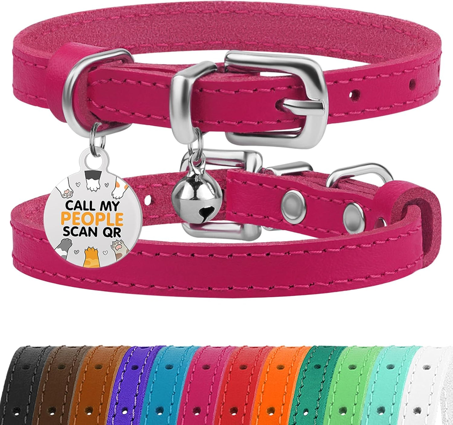 BRONZEDOG Leather Cat Collar with Removable Bells Non Breakaway Kitten QR Tag for Girl Boy (7" - 9" for Cats, Pink & Silver)