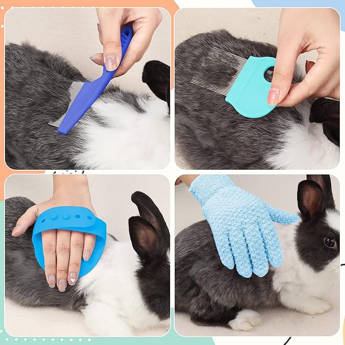 VCZONE Small Animal Grooming Set: Pet Nail Clipper & File, Flea Comb, Shampoo Brush, Shedding Slicker Brush, Massage Glove, Cleaning Comb (Blue)