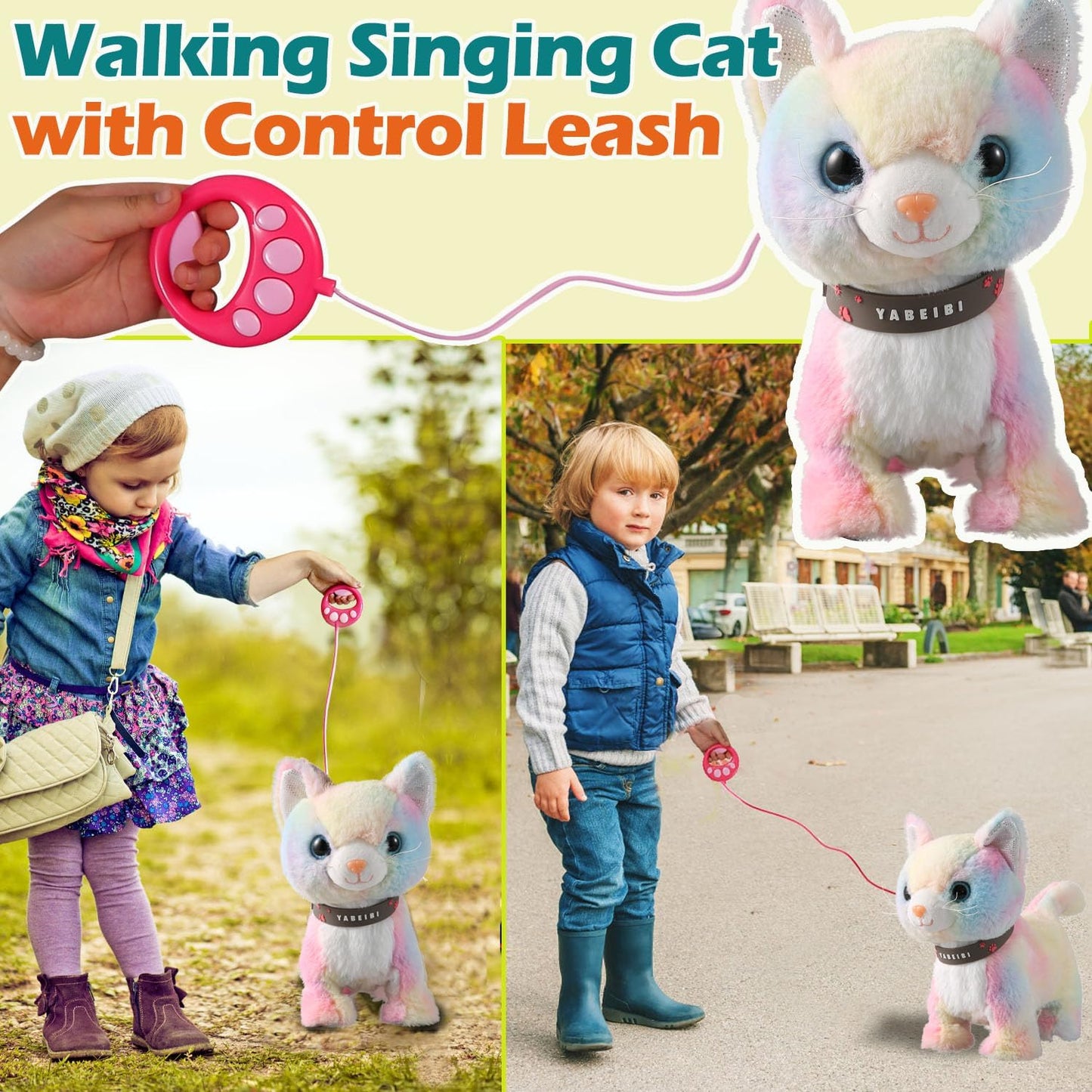 Colorful Leash Walking Cat Set Singing That Purrs and Meows Animated Plush Robot Kitten Moving Plush Realistic Stuffed Animal Remote Control Cute Kawai Robotic Kitty Toy for Girl