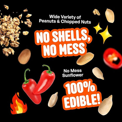 No Mess Sad Squirrels Hot Bird Seed – 10 lb. Spicy Shell-Free Blend with Peanuts, Sunflower Hearts & Chili Pepper Oil – No Waste, Squirrel-Resistant Bird Food for Outside Feeders
