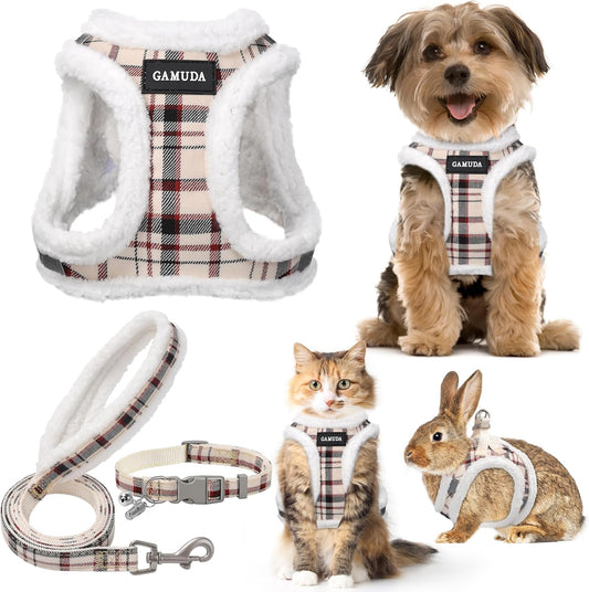 GAMUDA Small Dog Harness Collar and Leash Set, Step in No Chock No Pull Soft Mesh Adjustable Dog Vest Harnesses Plaid Reflective for Dogs Puppy Cats Kitten Rabbit (Warm Beige, XS)