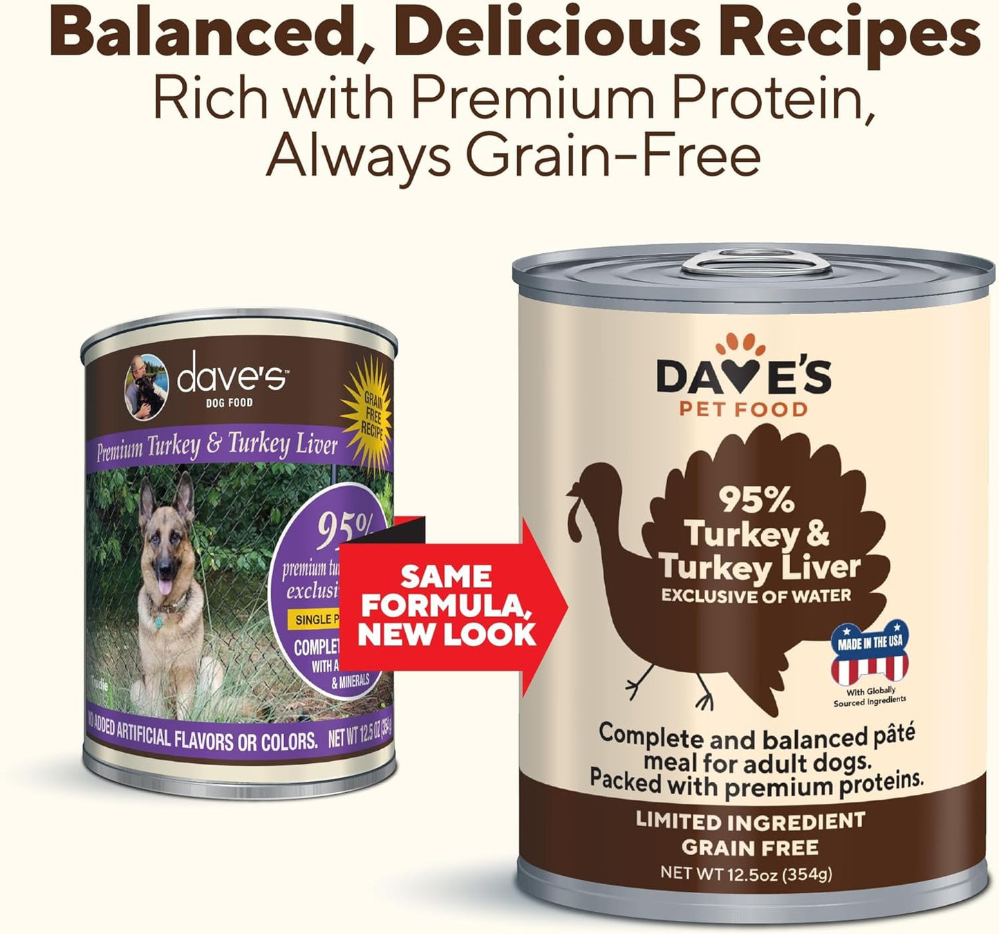 Dave's Pet Food Grain Free Wet Dog Food (95% Turkey & Turkey Liver), Made in USA Single-Source Protein, Limited Ingredients, 12.5 oz Cans (12 Pack)