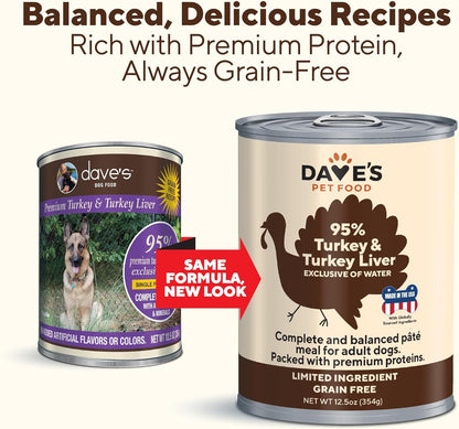 Dave's Pet Food Grain Free Wet Dog Food (95% Turkey & Turkey Liver), Made in USA Single-Source Protein, Limited Ingredients, 12.5 oz Cans (12 Pack)