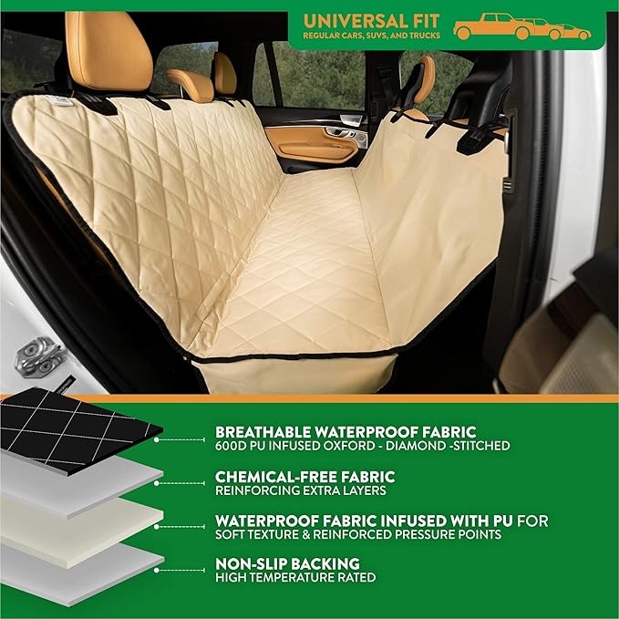 Plush Paws Products Premium Rear Car Seat Protector w/ Hammock | Washable & Waterproof Back Seat Dog Cover for Car, Truck, & SUV | Nonslip, Tear Resistant Pet Seat Cover | Small Tan