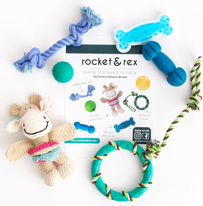 rocket & rex Dog Chew Toy Set for Small to Medium Breeds, Includes All Natural Rubber, Cotton, Ball & Rope Toys, Ideal Puppy Chew Toys for Teething, Reduces Destructive Chewing & Anxiety (Pack of 6)