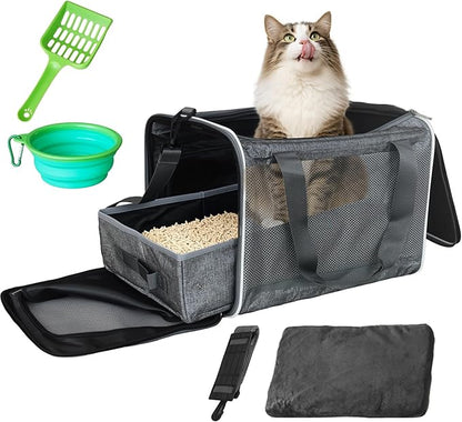 HiCaptain Cat Travel Carrier Bag with Litter Box, Portable Soft Cat Carrier Bag Lightweight Leak-Proof Collapsible Litter Box for Cats, Fits for Kitten up to 15 lb to Travel, Camping, Hiking, or Hotel