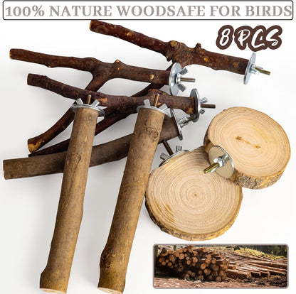 8 Pack Natural Wood Bird Perches Parrot Perch Stand Parakeet Toys Bird Cage Accessories for Budgerigar Cockatiels, Conures