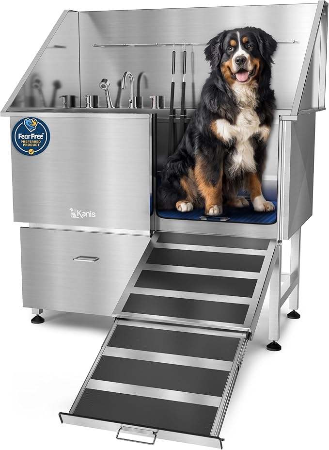 KANIS Professional Dog Washing Station - 304 Stainless Steel Pet Wash Sink & Grooming Bathtub w/Shower, Floor Grates and Storage for Large, Medium & Small Pets (50", 1 Drawer - Right Ramp)