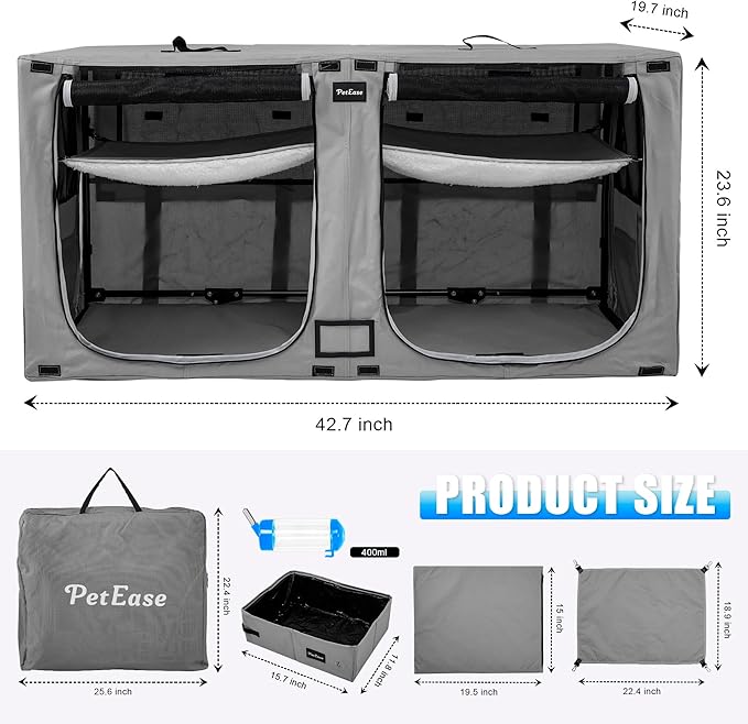 Huge Sapce Double Compartment Cat Travel Carrier with Litter Box & Homack | Cat Show Kennel Cage Crate with Mat & Water Bottle