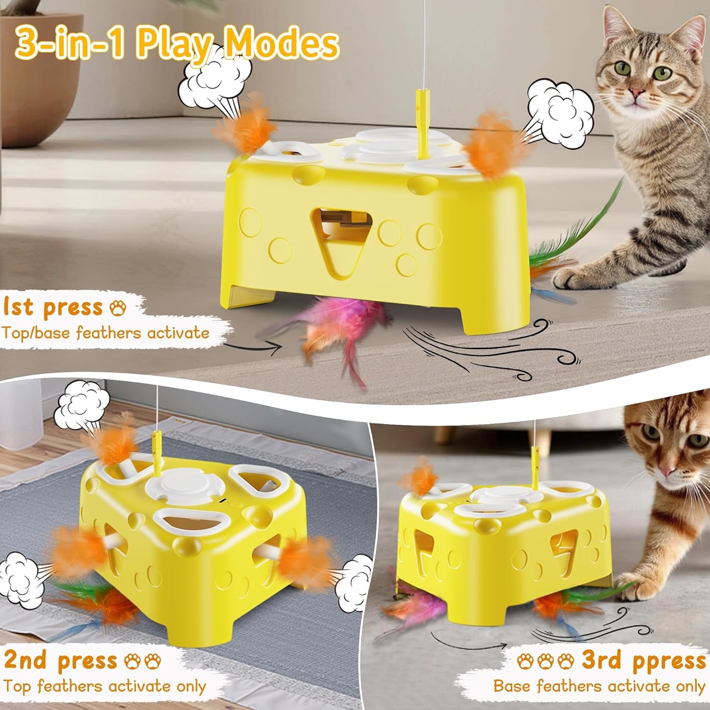 3-in-1 Automatic Cheese-Shaped Interactive Cat Toy – Flying Bird, 6-Hole Mole & Rotating Feather | USB Rechargeable Electronic Feather Toy for Indoor Adult Cats & Kittens, Relieves Boredom
