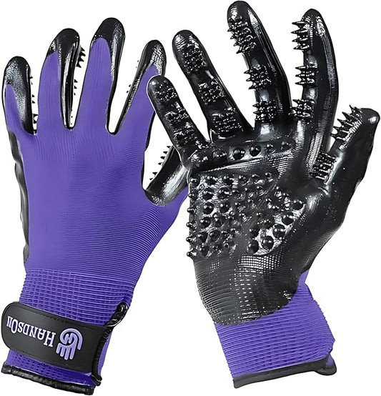 H HANDSON Pet Grooming Gloves - Patented #1 Ranked, Award Winning Shedding, Bathing, & Hair Remover Gloves - Gentle Brush for Cats, Dogs, and Horses (Purple, Large)