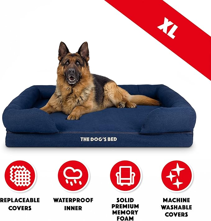 The Dog’s Bed, XL Blue Denim, Memory Foam, Pain Relief: Arthritis, Hip & Elbow Dysplasia, Post Surgery, Lameness, Supportive, Calming, Waterproof Washable Cover