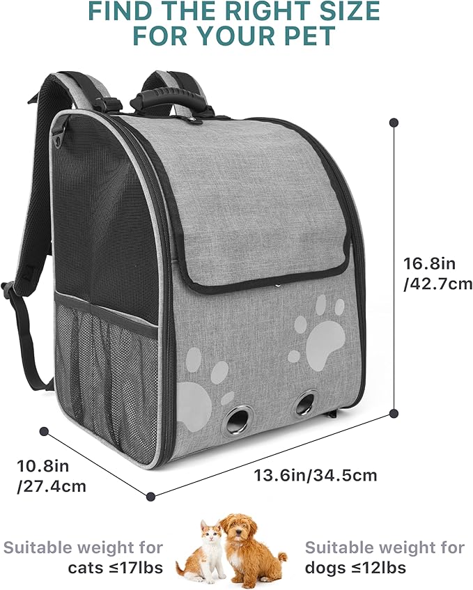 Cat Backpack Carrier with Comfort Handle, Ventilated Cat Backpack with Reflective Strips, Foldable Cat Carrying Backpack for Cats up to 17 lbs and Small Dogs up to 13 lbs(Grey).