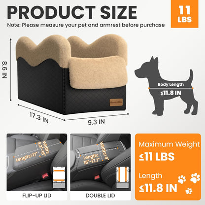 Portable Small Dog Seat for Car, Luxury Center Console Dog Car Seat Booster with Safety Tethers, Auti-Collapse Pet Travel Carseat for SUV, Truck (Black/Brown)