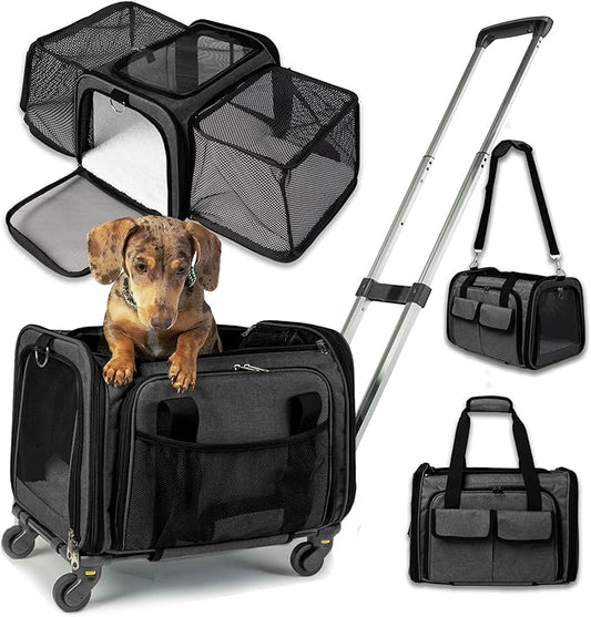 Pet Carrier with Wheels | United Delta American Frontier Airline Approved | Two Expandable Sides, Storage Pockets Adjustable Leash | Rolling Dog and Cat Carrier TSA Compliant (Dark Grey 17x11x11)
