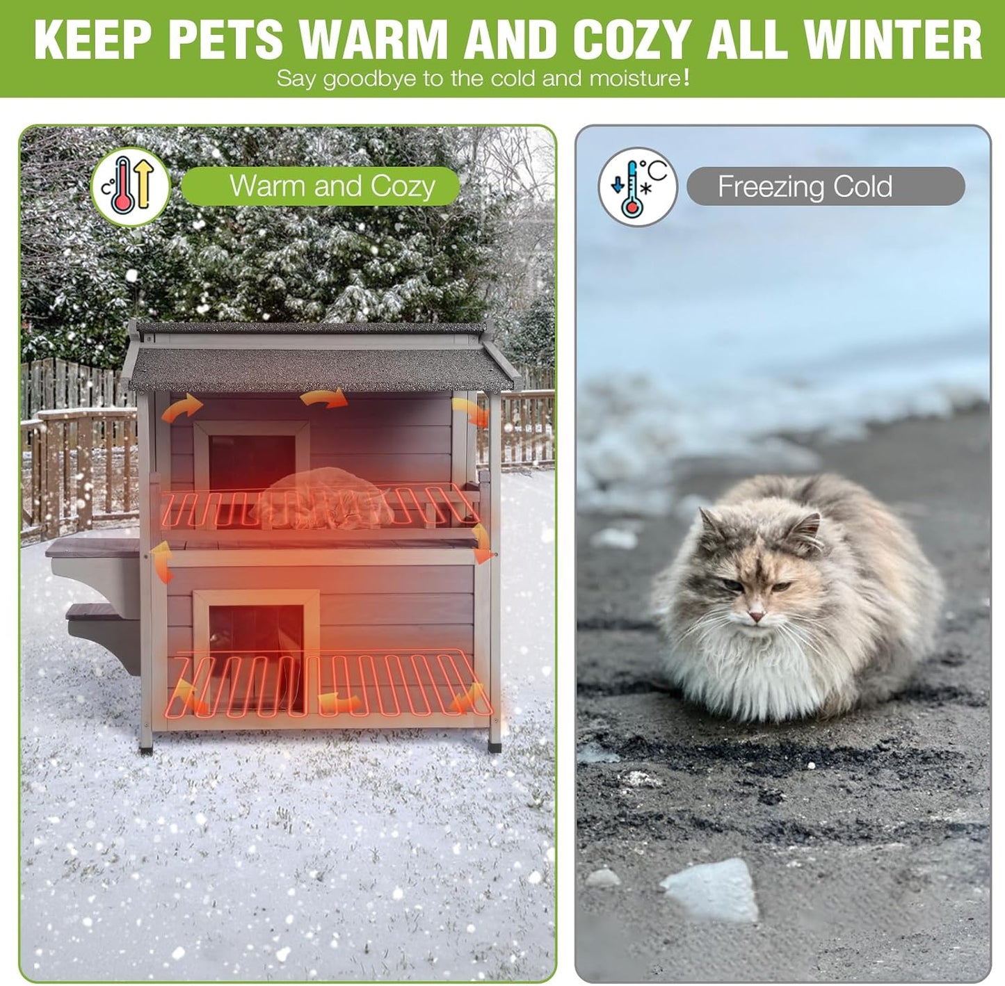 GUTINNEEN 2 Story Heated Cat House for Outside Outdoor Cat House Insulated Weatherproof Feral Cat Shelter with Heated Pad, Insulated All-Round Thermal Liner, Chewproof Cable for 1-4 Cats in Winter