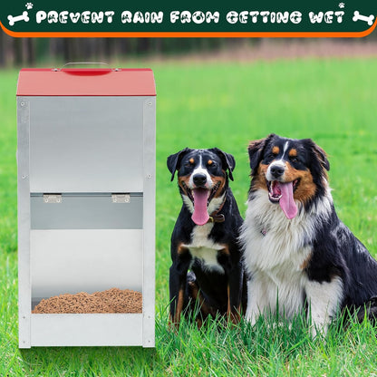 2 Pcs 40 Lbs Large Automatic Dog Feeders with Handle Acrylic Panel Galvanized Gravity Feeder Outdoor Hanging for Doggie Breed Dog Food Dispenser Container (Red, No Wheels)