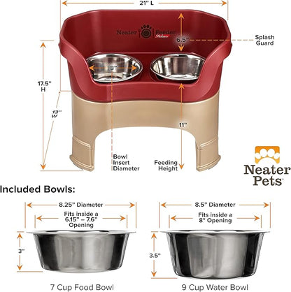 Neater Feeder Deluxe Mess Proof Dog Bowls Elevated for Large Dogs – Made in USA – No Spill Raised Dog Food Bowl Stand w/Leg Extensions – Stainless Steel Dog Food and Water Bowl Set – Red