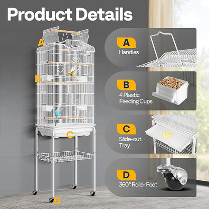 VIVOHOME 64 Inch Bird Cage with Play Top and Rolling Stand for Parrots Conures Lovebird Cockatiel Parakeets White
