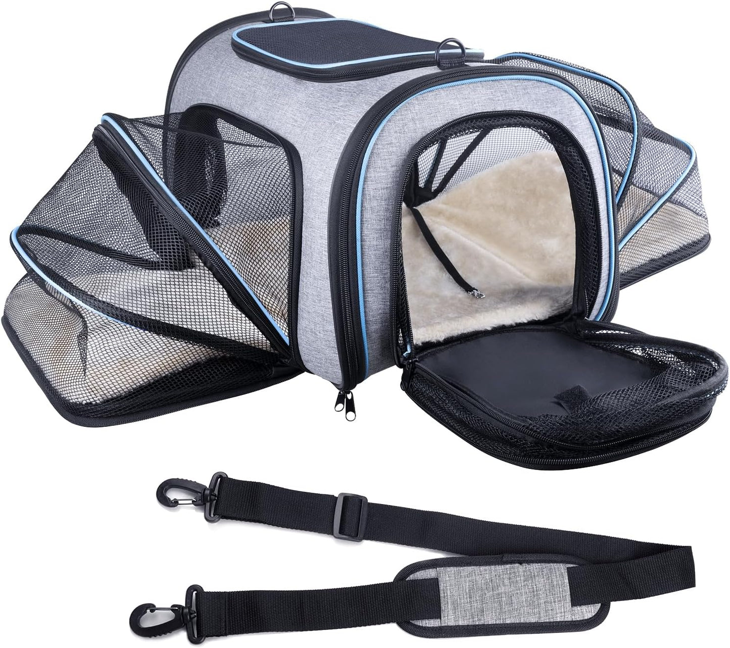 Siivton 4 Sides Expandable Pet Carrier, Airline Approved Soft-Sided Dog Cat Carrier Bag with Fleece Pad for Cats, Puppy and Small Animals (4 Extension Gray_Blue, L:18.0" L x 11.0" W x 11.0" H)
