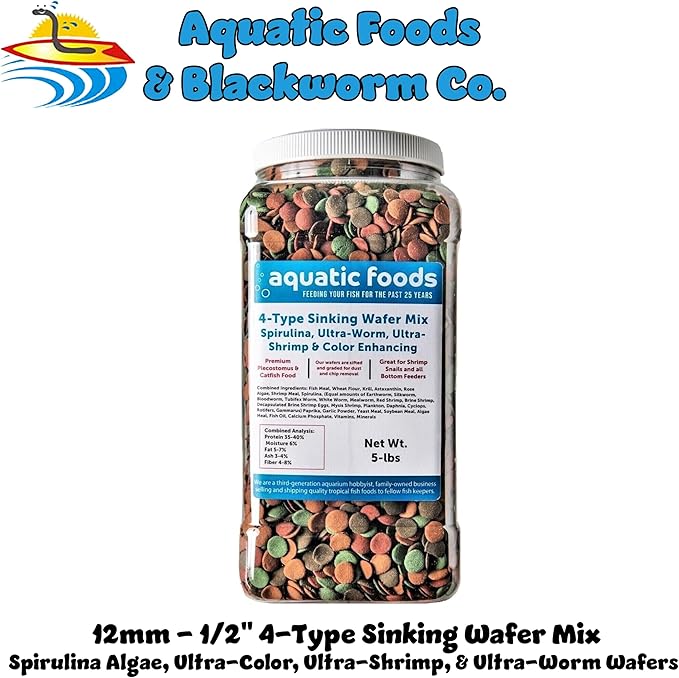 Aquatic Foods Inc. 4-Type 12mm - 1/2" Sinking Wafer Mix of Spirulina-Algae, Ultra-Worm, Ultra-Shrimp, Color Enhancing Wafers for Shrimp, Snails, Crabs, Crayfish, All Tropical Fish..5-lb Lg Jar