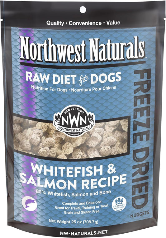 Northwest Naturals Freeze-Dried Whitefish & Salmon Dog Food - Bite-Sized Nuggets - Grain-Free, High-Protein, Raw Diet, Human-Grade Ingredients, All Natural, Omega-3 for Skin & Coat, Made in USA, 25 Oz
