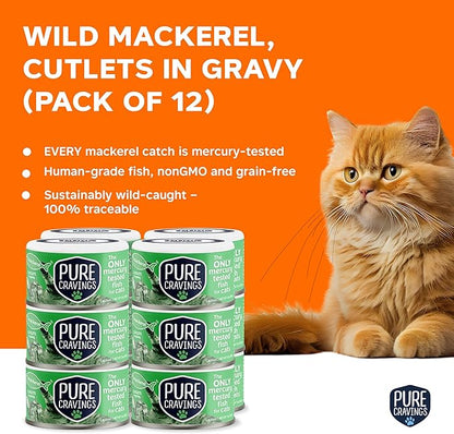 Pure Cravings Wet Cat Food Canned Mackerel Cutlets in Gravy, Every Catch is Mercury Tested, Moist Can Fish for Cats, Grain-Free, Protein, Non-GMO, Pack of 12