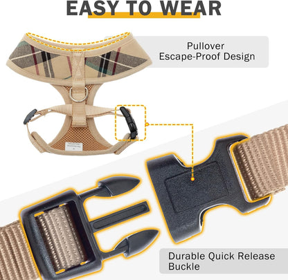 SCENEREAL Puppy Dog Harness with Leash Set for Small Medium Sized Dogs, Soft Mesh Step in Pet Harnesses and Leash, No Chock Plaid Adjustable No Pull Vest for Dogs Cats, Chihuahua,Bulldog (Beige M)