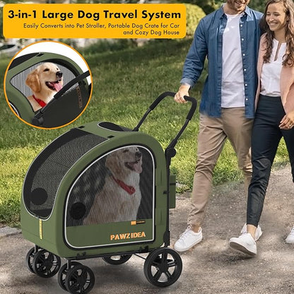 PAWZIDEA Large Dog Stroller with Detachable Carrier, Portable Dog Crate for Car Travel, Multiple Pet Strollers for Medium Dogs up to 80lbs, Adjustable Handle, All-Terrain 9” Wheels, Storage Organizer
