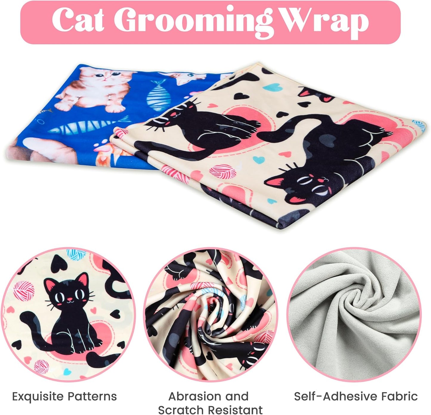 27.6“ Cat Wrap for Cutting Nails Self-Adherent Fabric Cat Wrap for Grooming Cat Restraint for Nail Clipping Anti-Escape Cat Calming Wrap Within 15lbs