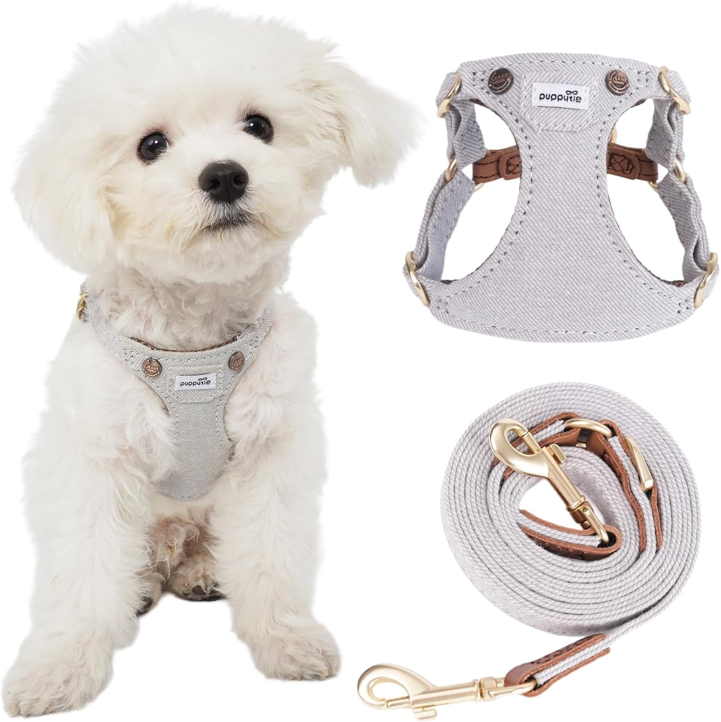 Puppytie No Pull xs Dog Harness with Multifunction Dog Leash,Soft Adjustable No Choke Escape Proof Pet Harness Vest,Denim Gray,XXS