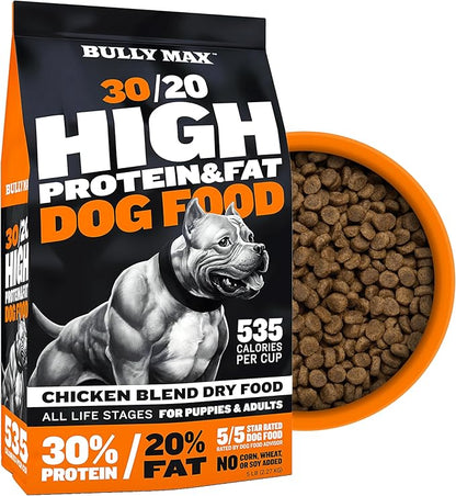 Bully Max Dry Dog Food for Adults & Pupppies - High Protein & Fat for Muscle & Weight Gain - High Performance Dog Food Supplements - Small & Large Breed Dogs (535 Calories Per Cup), Chicken, 5lb Bag
