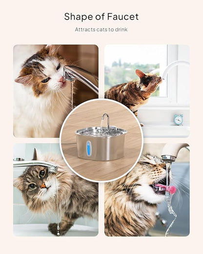 PEKTACO Stainless Steel Cat Water Fountain, 3.2L/108oz Cat Water Dispenser with Quiet Water Pump and Water-Level Window, Dishwasher Safe Pet Drinking Fountain for Cats with 6 Filters + 6 Sponges