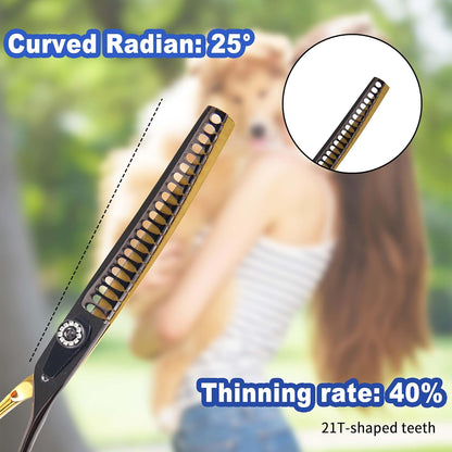 7" Curved Thinner Dog Scissor, Curved Chunker Scissors, 21 Teeth, 40% Thinning Rate, Professional Pet Shear for Groomer, Ergonomic Dog Grooming Scissor, Dogs Shear for Grooming