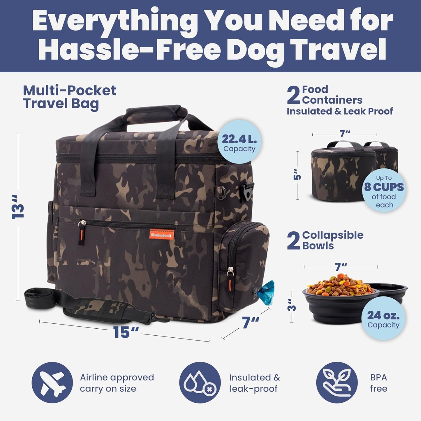 The Original Doggy Bag™- Dog Travel Bag for Supplies - Ultimate Gift for Dog Moms & Dads, Doggy Lovers & Pet Owners for Christmas- Includes 2 BPA-Free Travel Bowls and 2 Food Containers: Camo