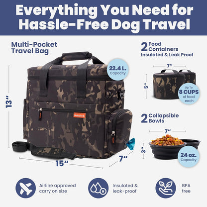 The Original Doggy Bag™- Dog Travel Bag for Supplies - Ultimate Gift for Dog Moms & Dads, Doggy Lovers & Pet Owners for Christmas- Includes 2 BPA-Free Travel Bowls and 2 Food Containers: Camo