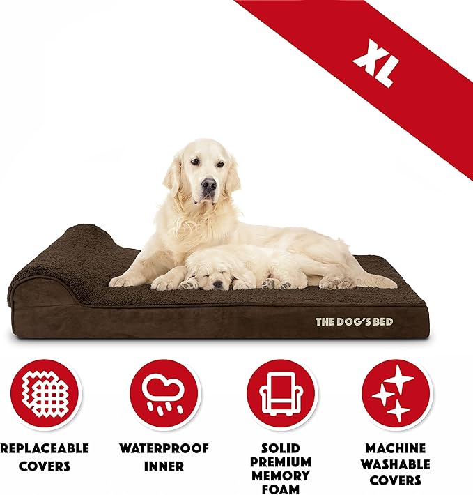 The Dog’s Bed Orthopedic Headrest Dog Bed XL Brown Plush, Memory Foam, Pain Relief for Arthritis, Hip & Elbow Dysplasia, Post Surgery, Lameness, Waterproof Washable Cover