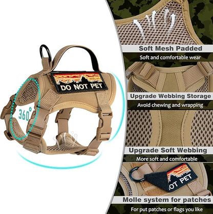 Tactical Cat Harness and Leash Set for Walking, Adjustable Escape Proof Pet Vest for Large Cat, Easy Control Breathable Vest with Handle，Molle Patches (Khaki+Leash, L)
