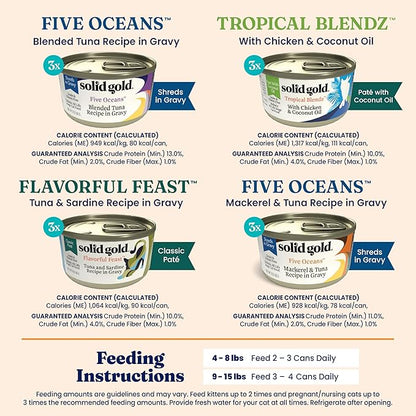 Solid Gold Wet Cat Food Variety Pack - Pate & Shreds in Gravy - Healthy Canned Cat Food Pate w/Real Chicken, Tuna, Mackerel & Sardine - Grain Free & Gluten Free Can Meals for Cats & Kittens - 24ct/3oz